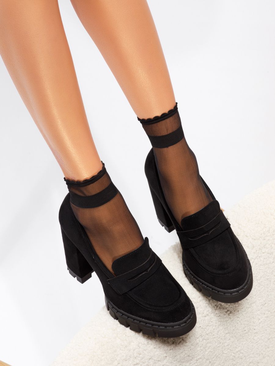 Дамски обувки с ток черни от обърната еко кожа Ava #18734