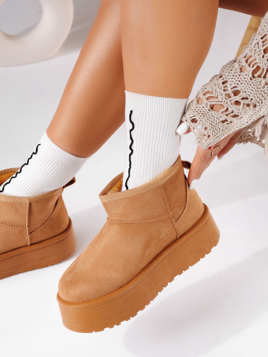 Cizme scurte îmblanite dama maro din piele ecologica intoarsa Xenia #20373