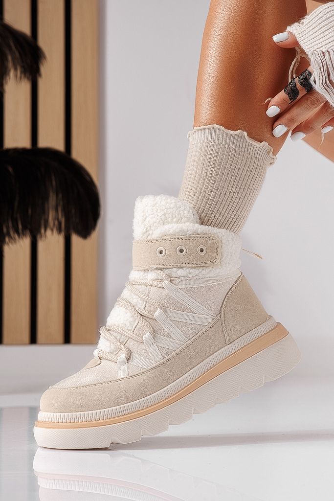 Ghete dama imblanite bej din piele ecologica intoarsa  Abbey #22530