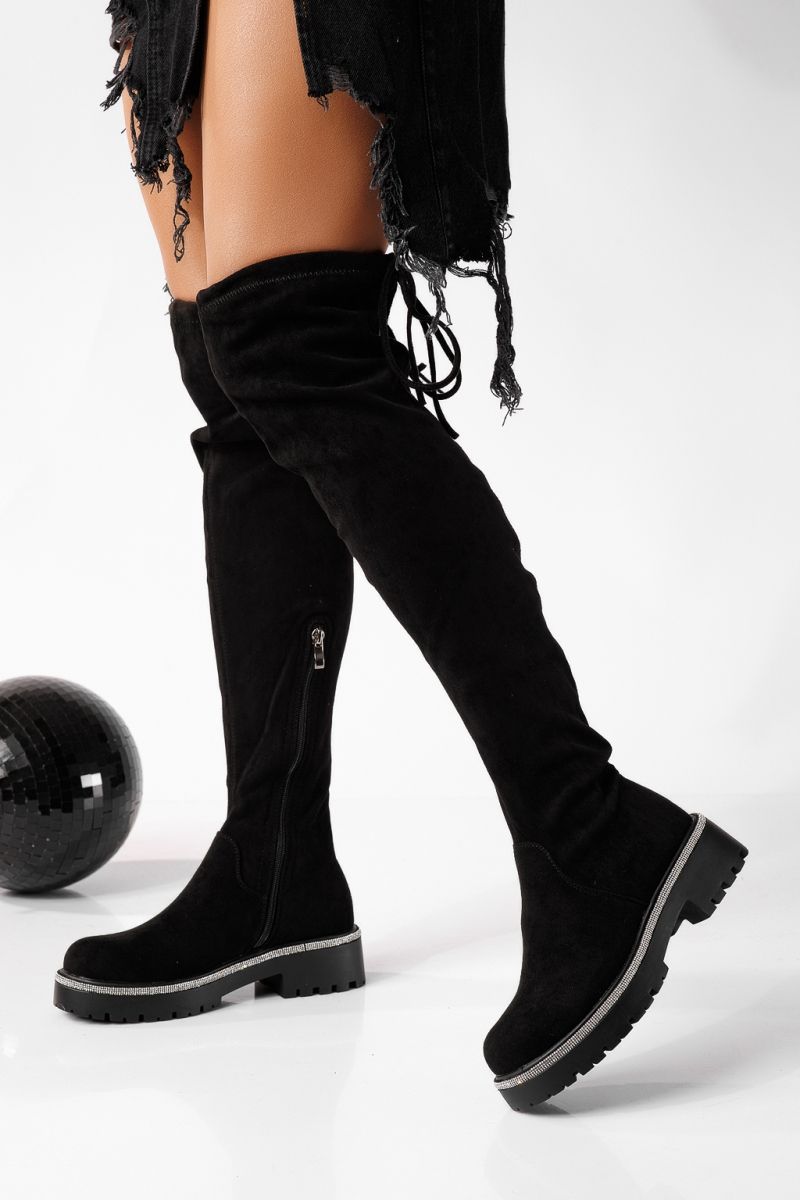 Cizme lungi dama vatuite negre din piele ecologica intoarsa Marina #22714