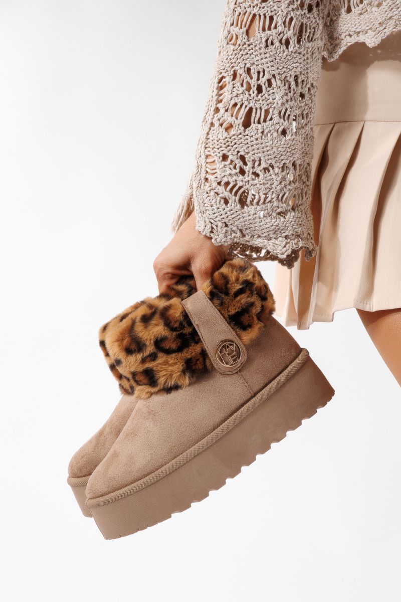 Cizme scurte dama imblanite tip Ug khaki din piele ecologica intoarsa Beatrice#22760