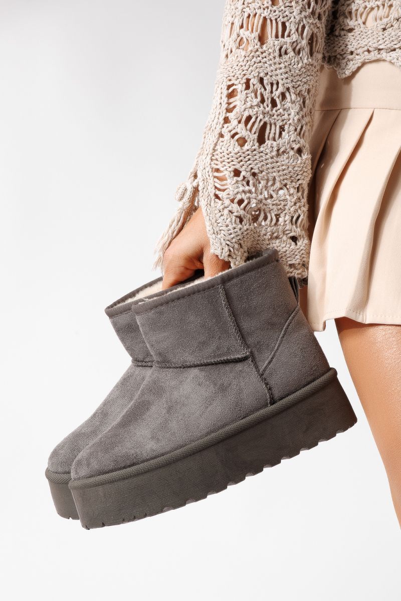 Cizme scurte dama imblanite tip Ug gri din piele ecologica intoarsa Ariana #22752