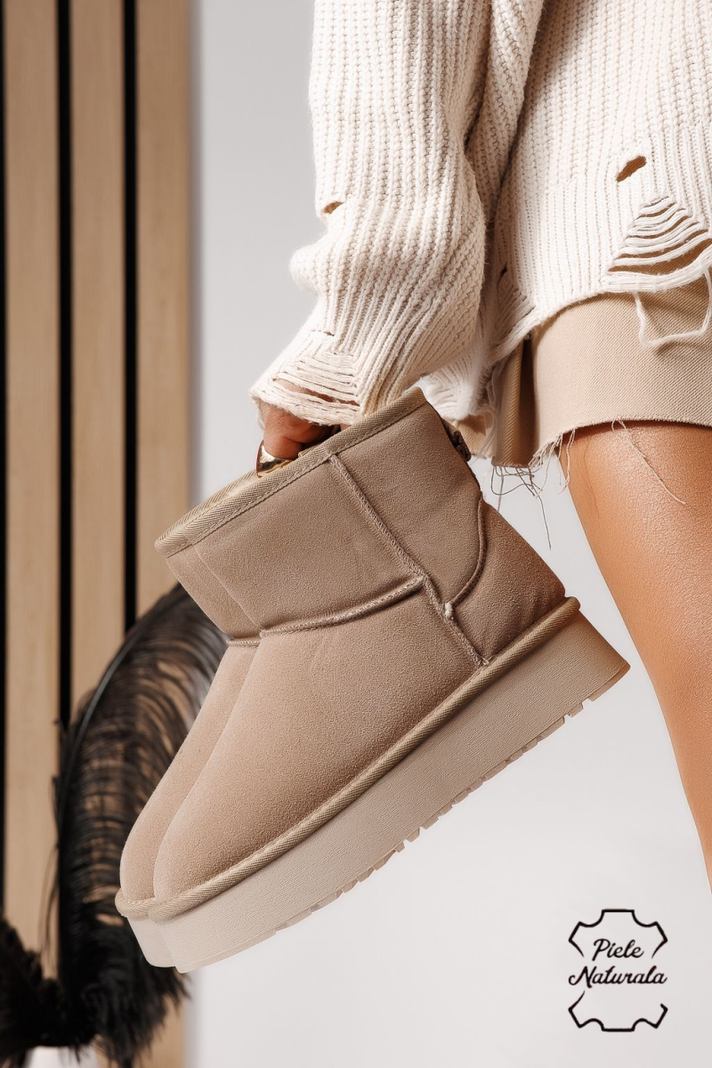 Cizme scurte dama îmblanite tip Ug khaki din piele naturala intoarsa Luiza #22880