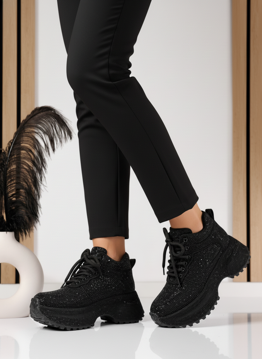 Ghete sport dama îmblanite negre din piele ecologica intoarsa Miriam #23030