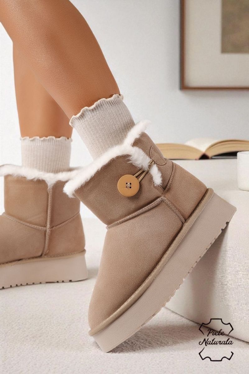 Cizme scurte dama îmblanite tip Ug khaki din piele naturala intoarsa Larisa #22885