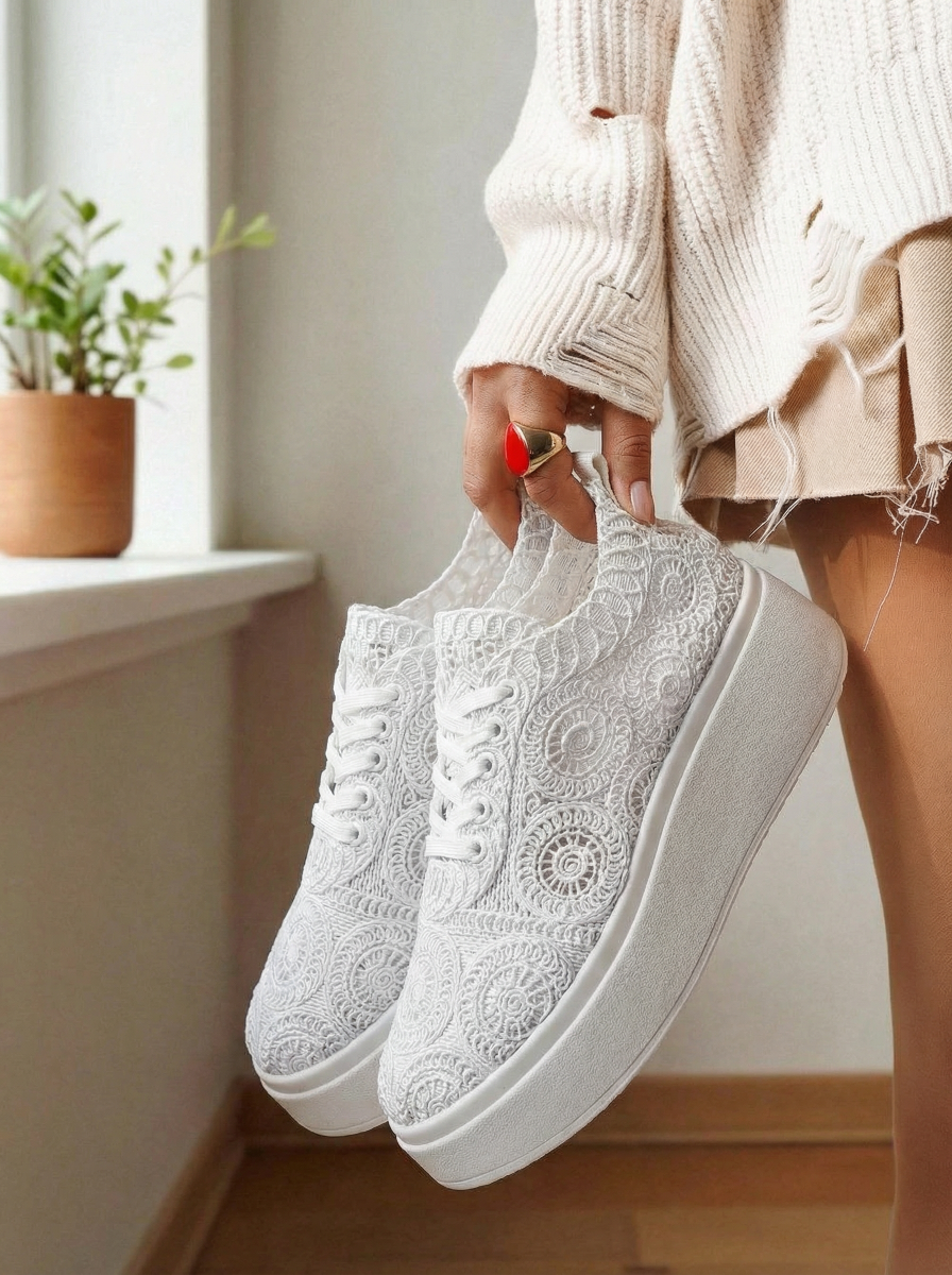 Adidasi dama albi din material textil Loretta #24491