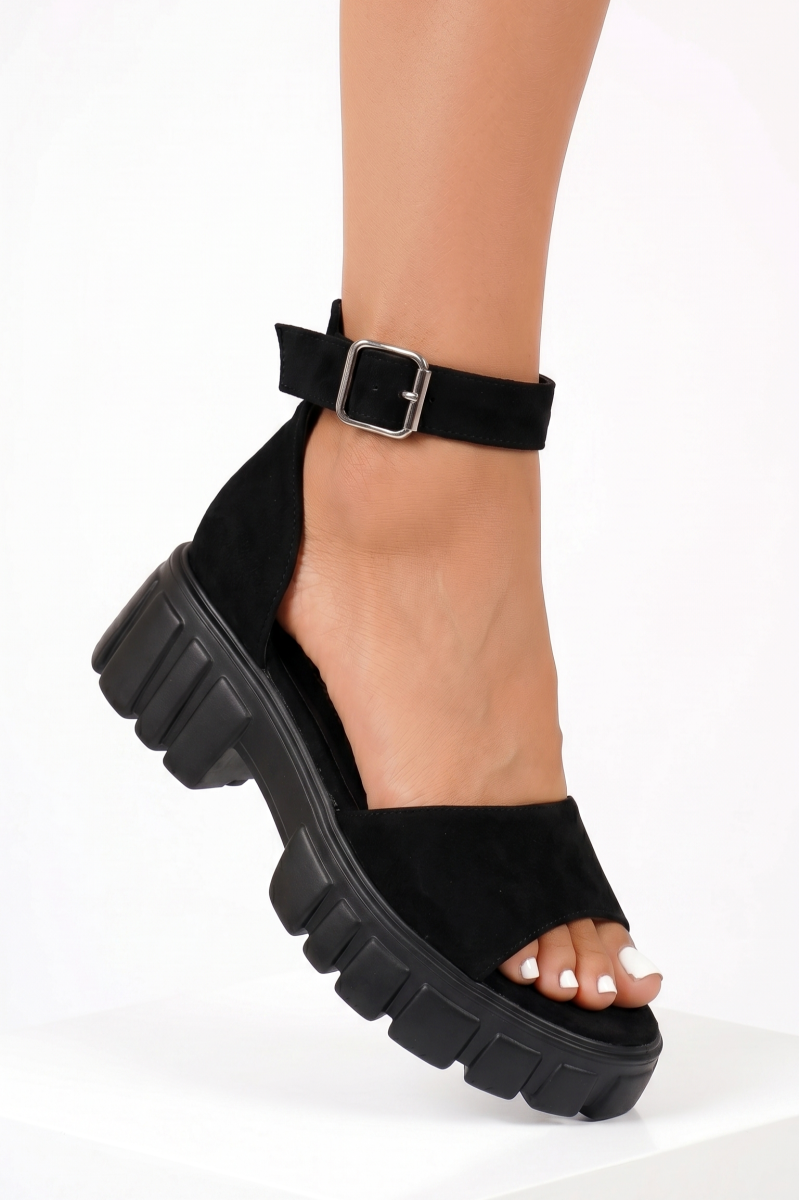 Sandale cu platforma dama negre din piele ecologica intoarsa Aria #25371