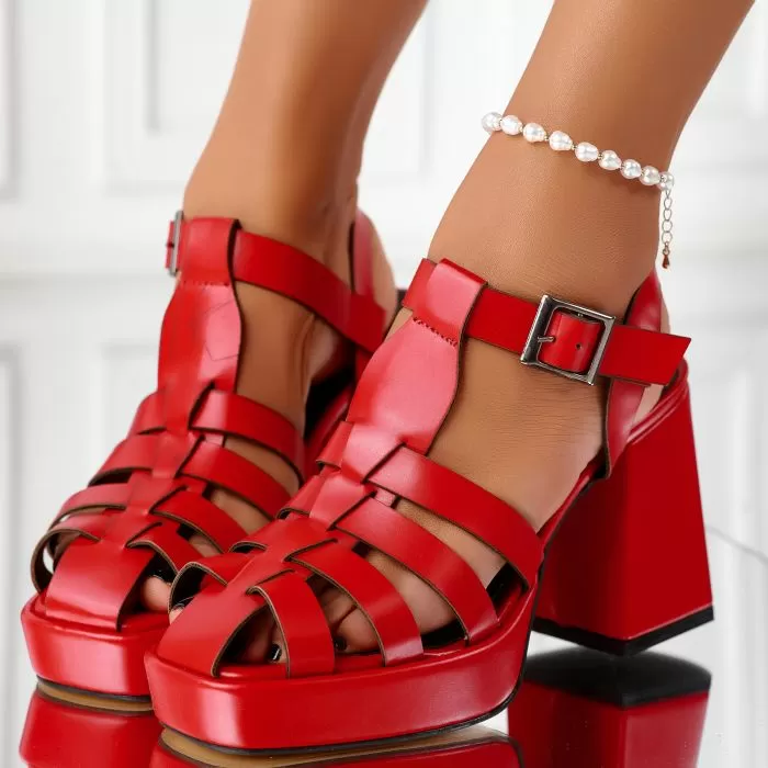 Sandale Dama cu Toc Lana Rosii #11490