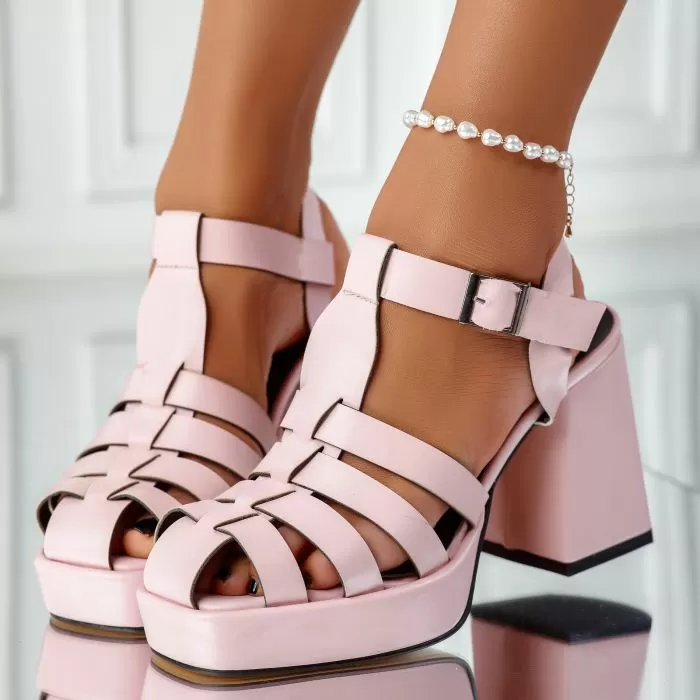 Sandale Dama cu Toc Lana Roz #11492