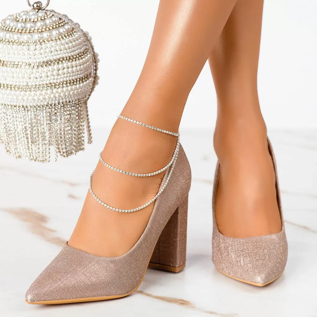 Pantofi Dama cu Toc Anabelle Roz/Aurii #13282