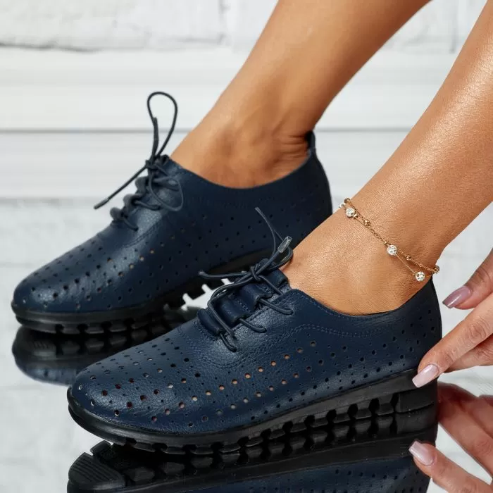 Pantofi Dama din Piele Naturala Perforati Side Bleumarin #13873