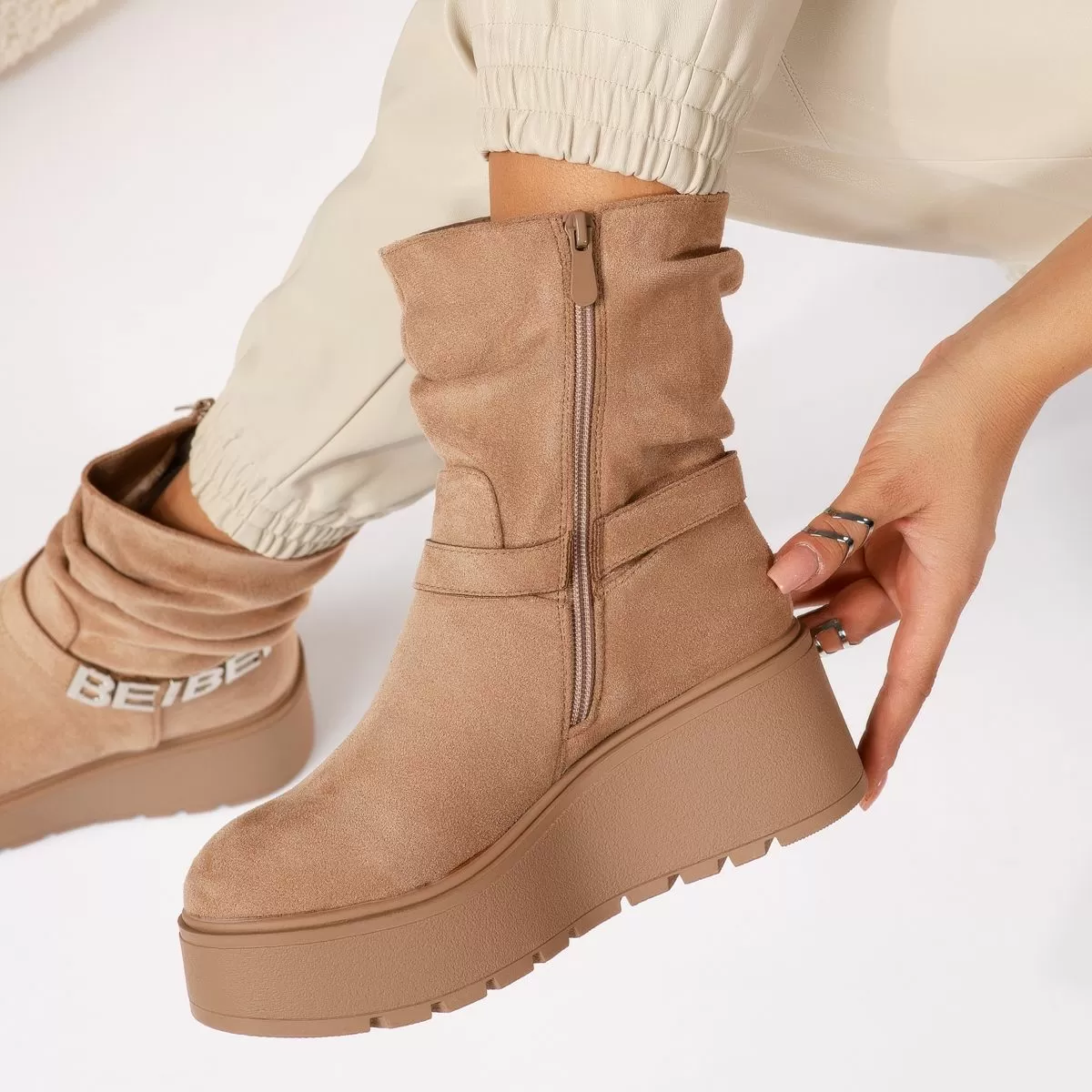 Ghete Dama îmblanite cu Platforma Lucia Khaki #17669