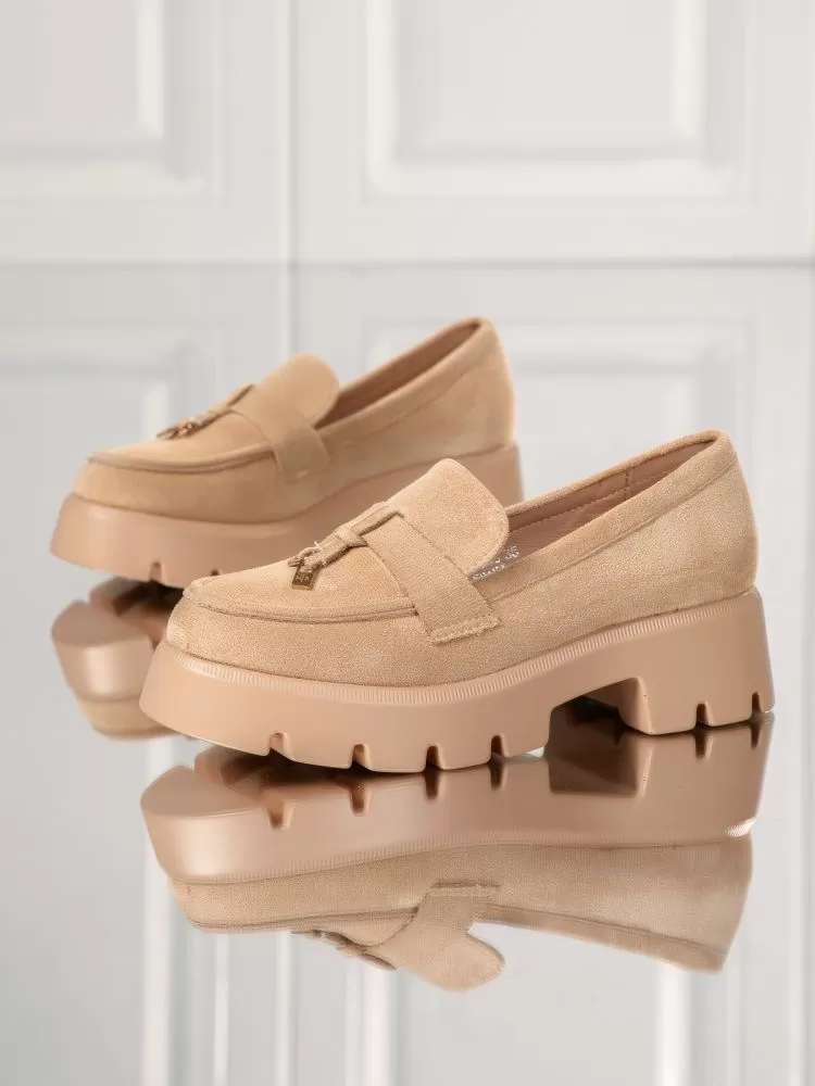 Pantofi casual dama khaki din piele ecologica intoarsa Angel #18140