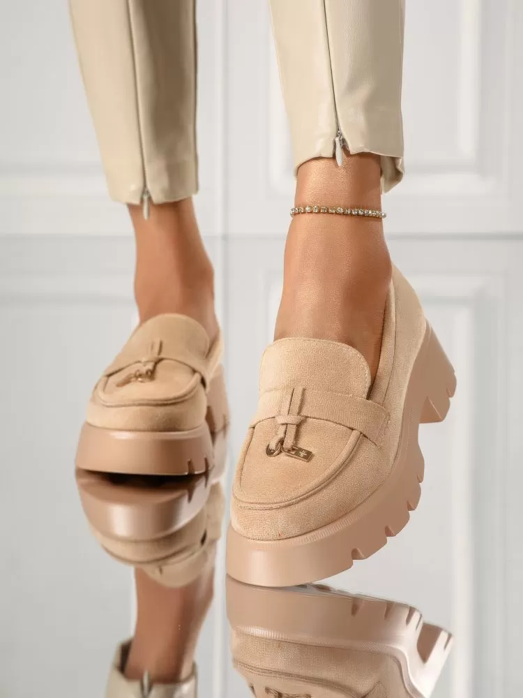 Pantofi casual dama khaki din piele ecologica intoarsa Angel #18140