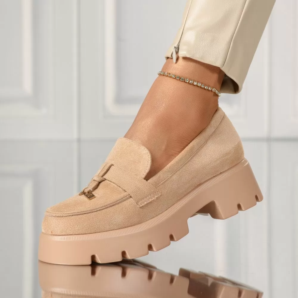 Pantofi casual dama khaki din piele ecologica intoarsa Angel #18140