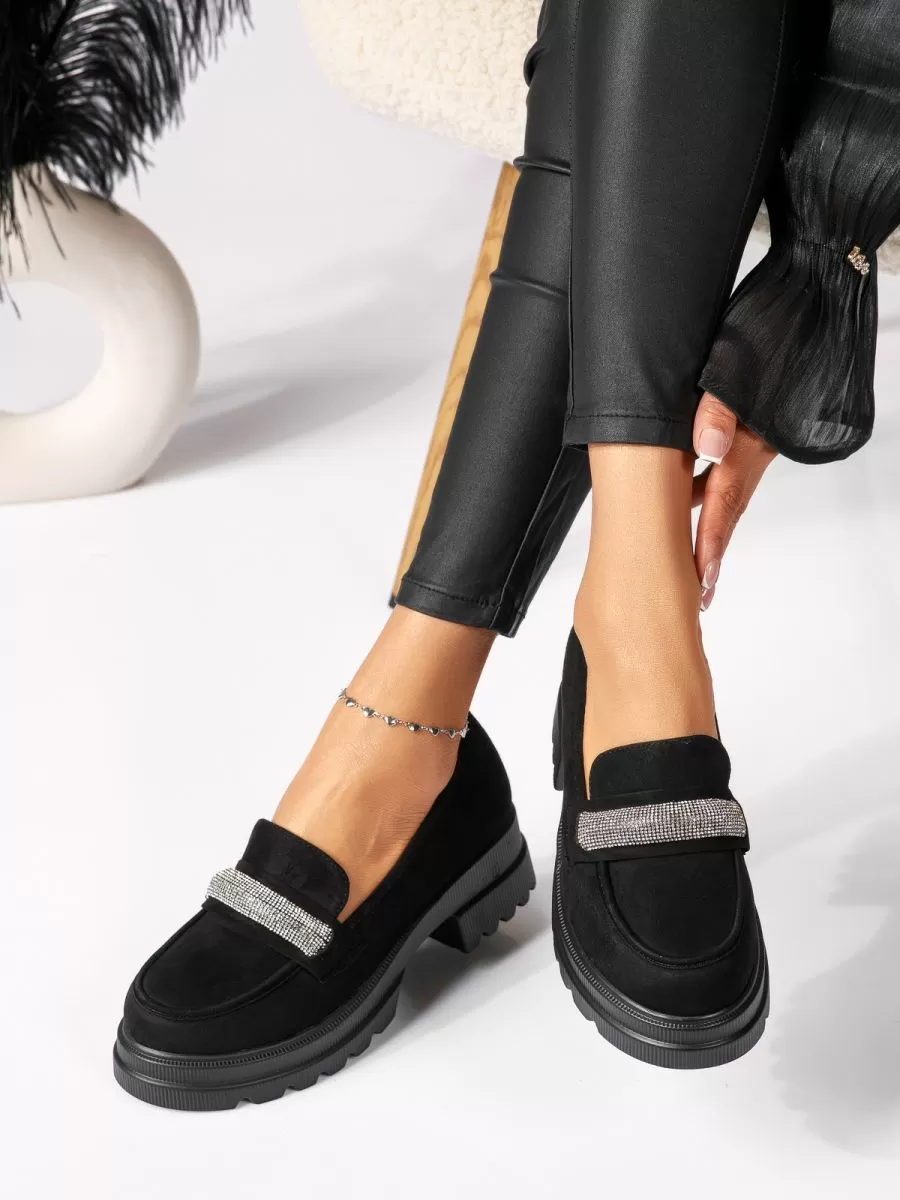 Pantofi casual dama negri din piele ecologica intoarsa Aria #18308