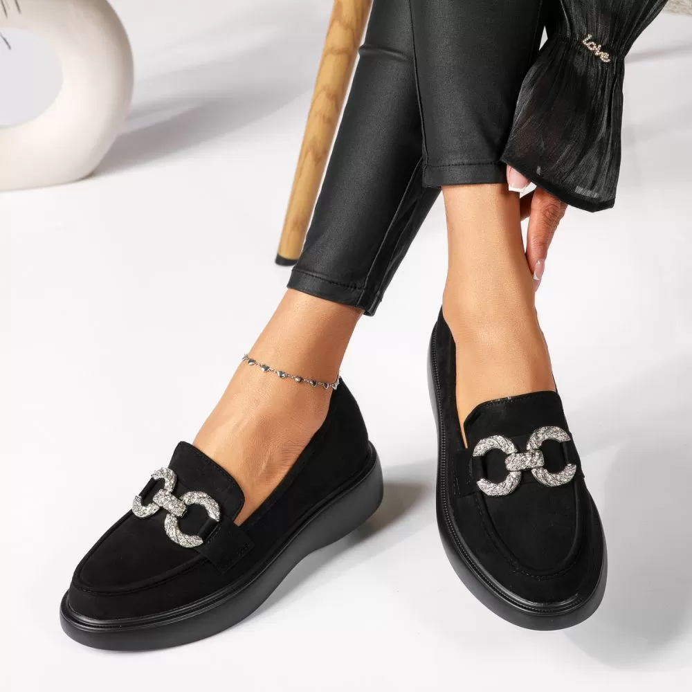 Pantofi casual dama negri din piele ecologica intoarsa Ella #18319