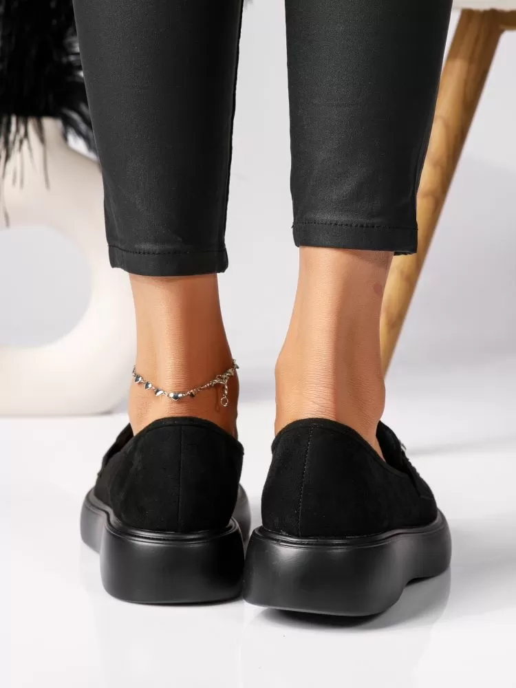 Pantofi casual dama negri din piele ecologica intoarsa Ella #18319