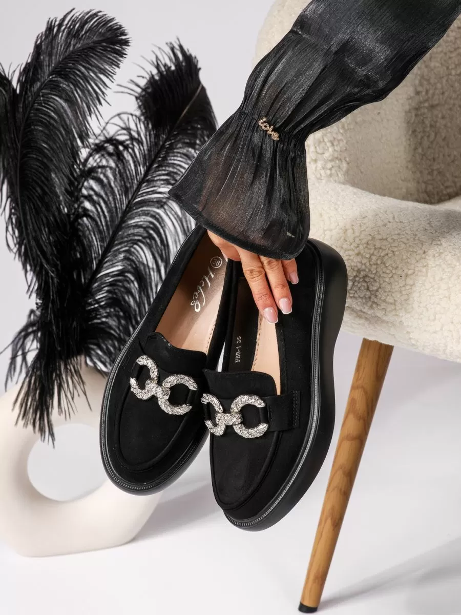 Pantofi casual dama negri din piele ecologica intoarsa Ella #18319