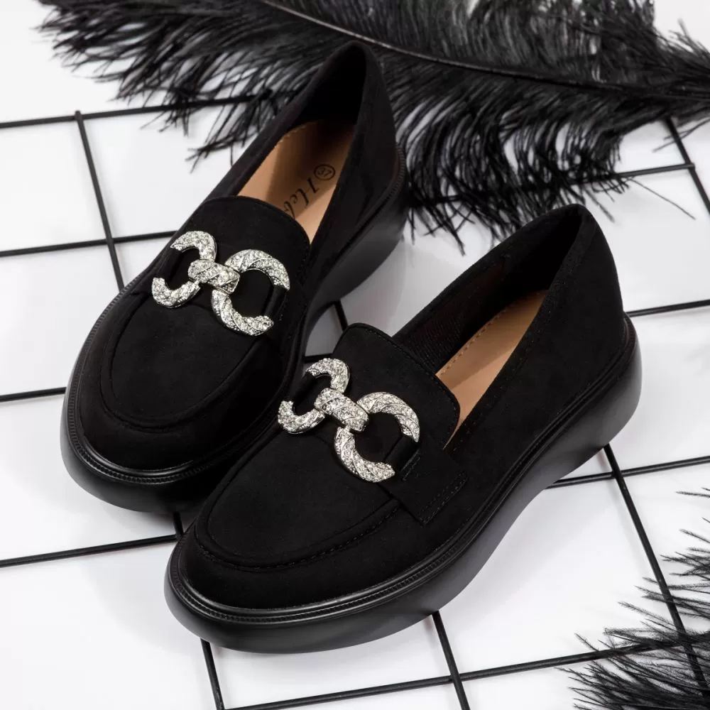 Pantofi casual dama negri din piele ecologica intoarsa Ella #18319