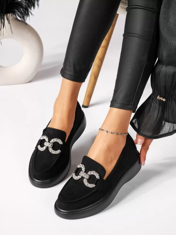 Pantofi casual dama negri din piele ecologica intoarsa Ella #18319