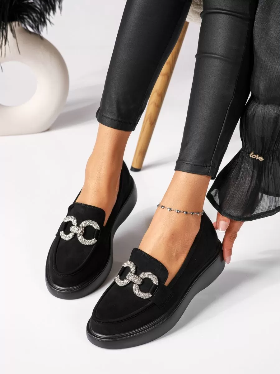 Pantofi casual dama negri din piele ecologica intoarsa Ella #18319