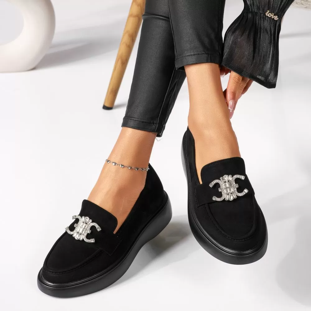 Pantofi casual dama negri din piele ecologica intoarsa Ivy #18325