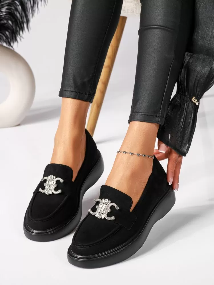 Pantofi casual dama negri din piele ecologica intoarsa Ivy #18325