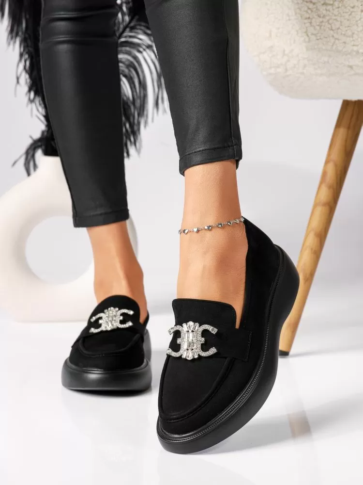 Pantofi casual dama negri din piele ecologica intoarsa Ivy #18325