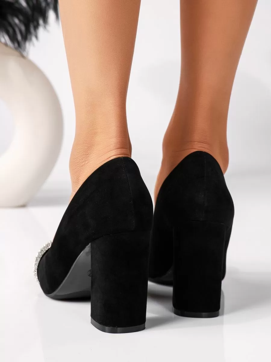 Pantofi cu toc dama negri din piele ecologica intoarsa Freya #18328