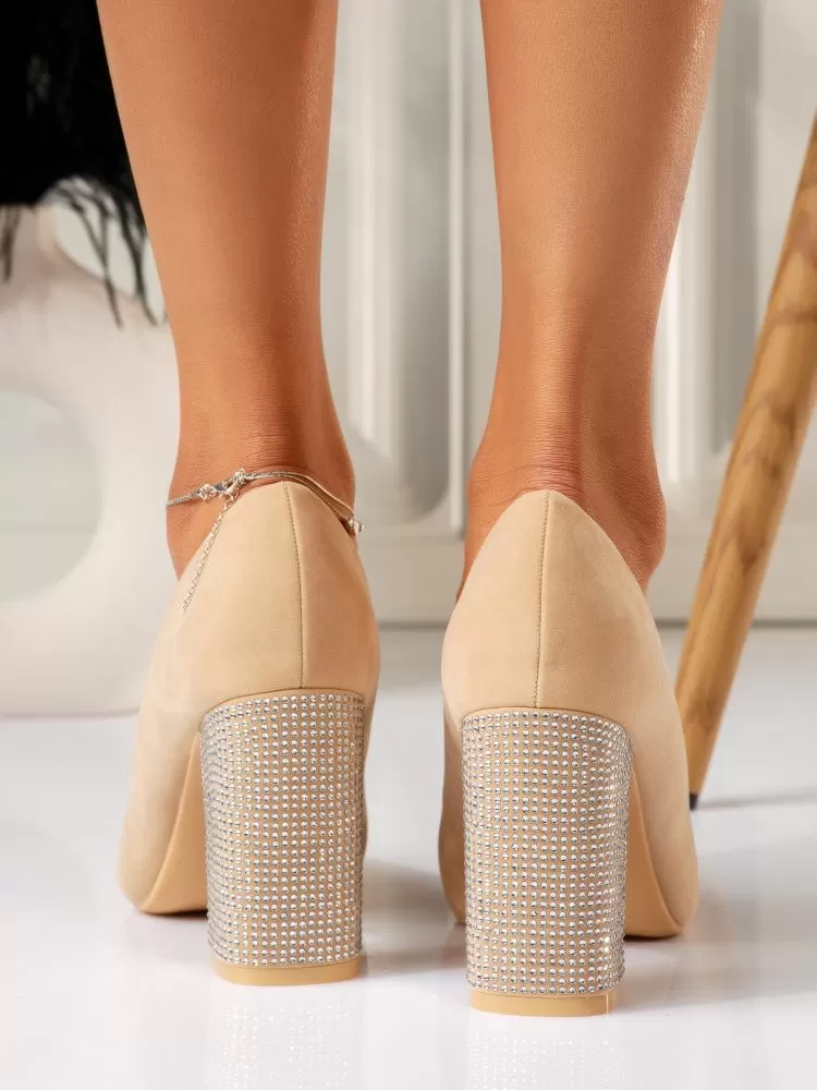 Pantofi cu toc dama bej din piele ecologica intoarsa Riley #18344