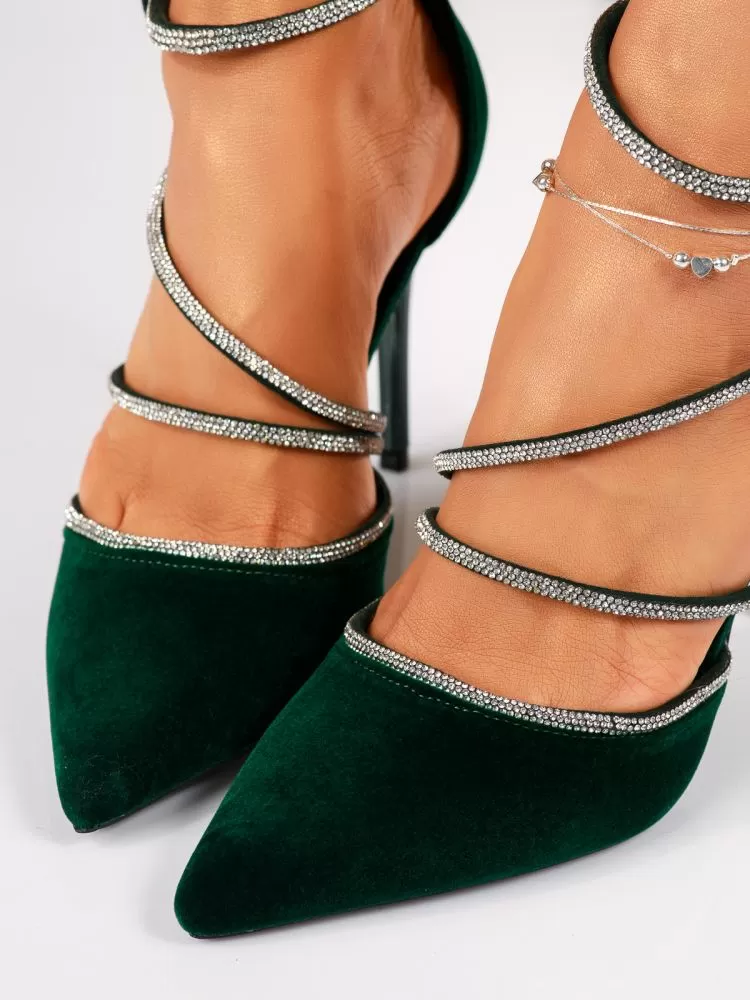 Pantofi cu toc dama verzi din piele ecologica intorasa Sophia #18358