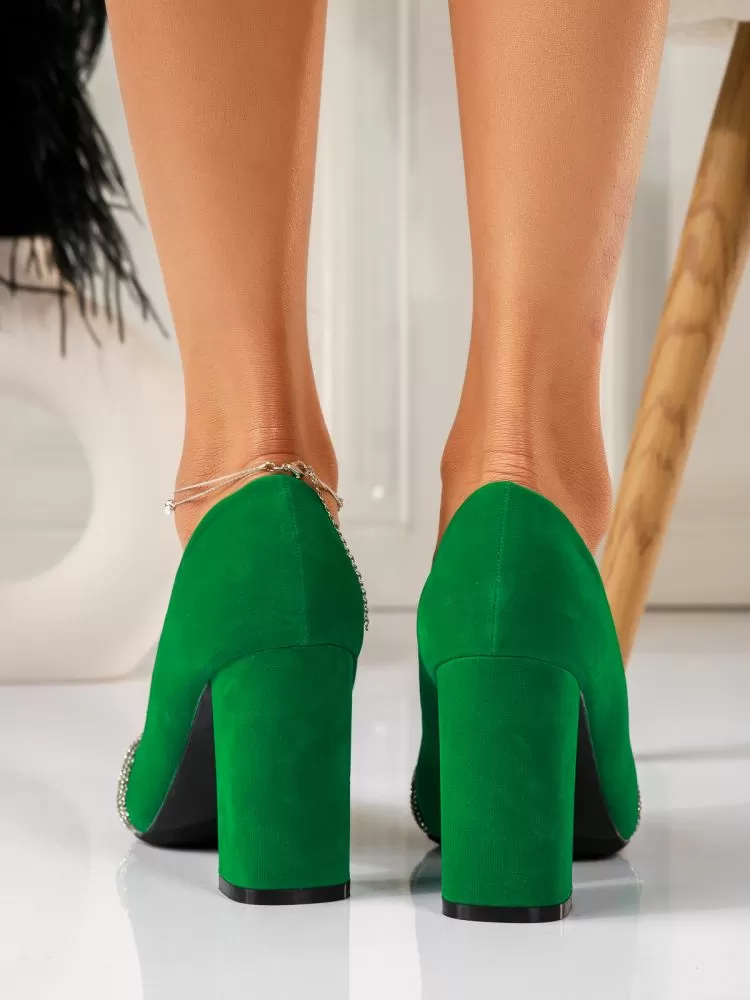 Pantofi cu toc dama verzi din piele ecologica intorasa Brielle #18361