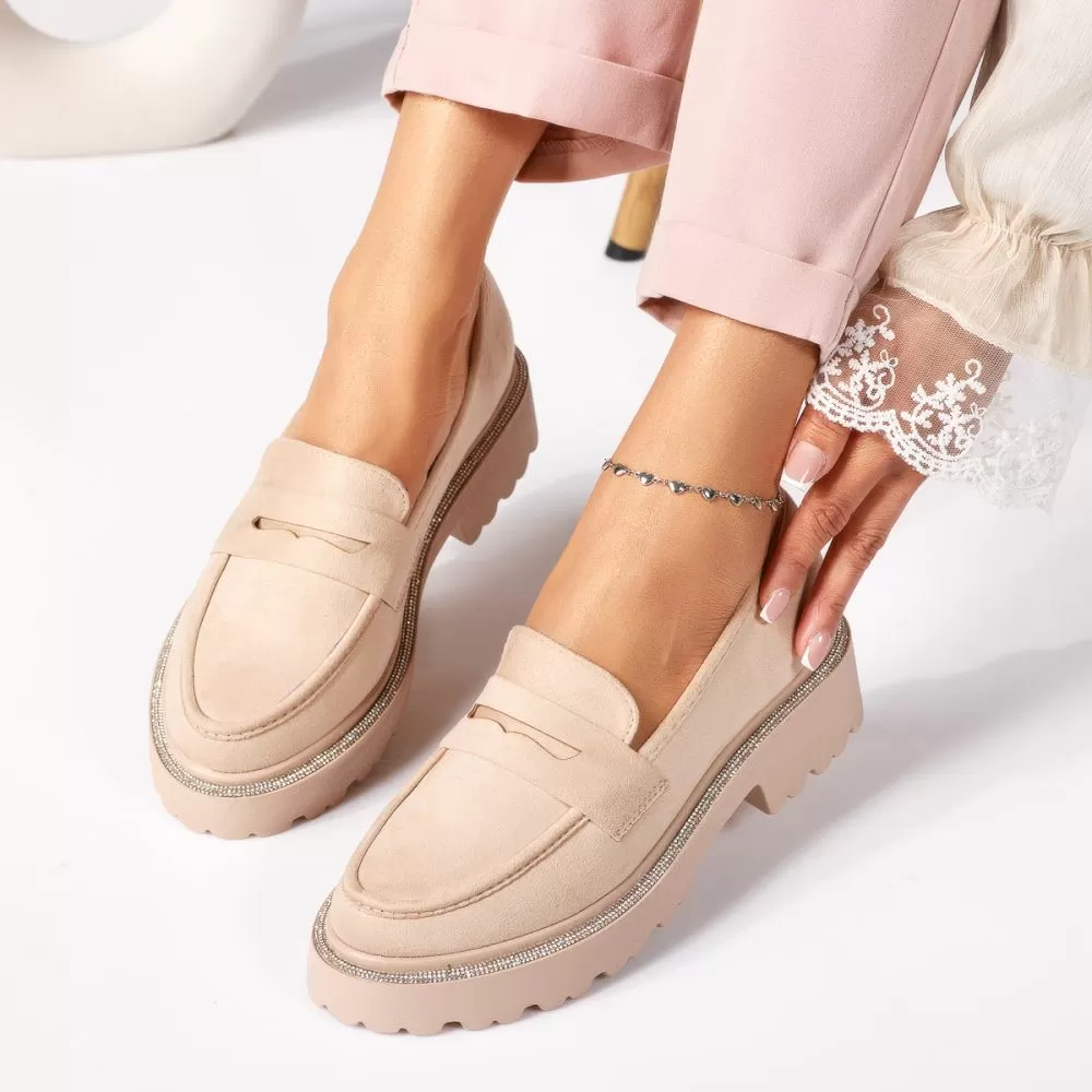 Pantofi casual dama bej din piele ecologica intoarsa Zuri #18380