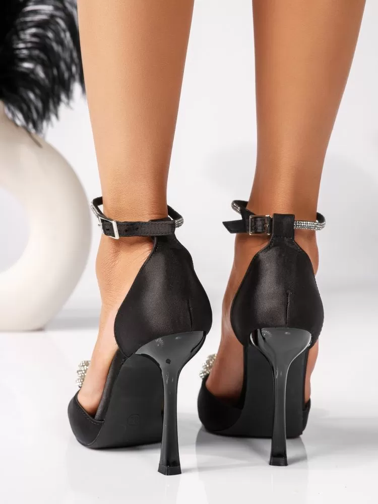 Pantofi cu toc dama negri din satin Ezra #18415