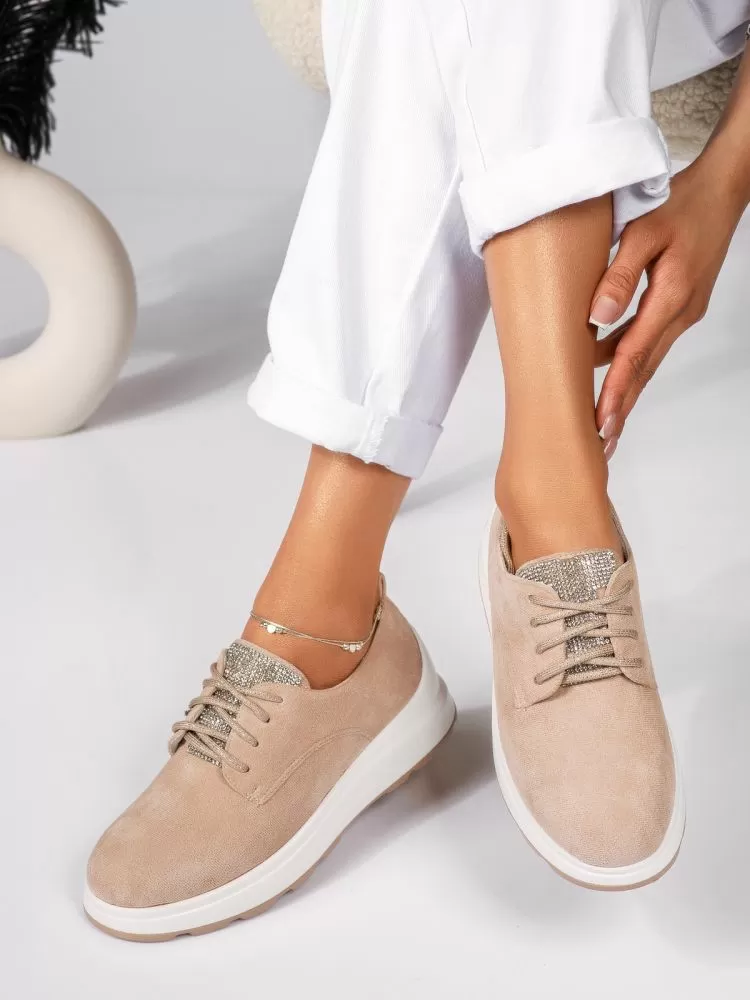 Pantofi casual dama bej din piele ecologica intoarsa Lily #18448