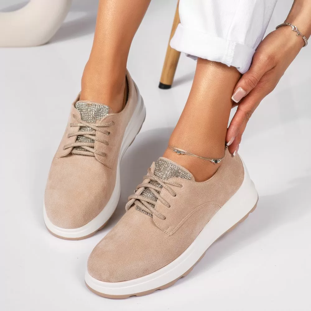 Pantofi casual dama bej din piele ecologica intoarsa Lily #18448