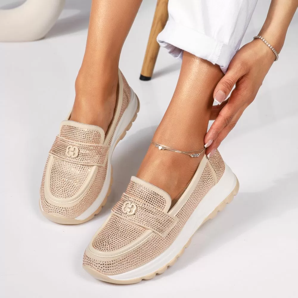 Pantofi casual dama bej din piele ecologica intoarsa Mary #18451