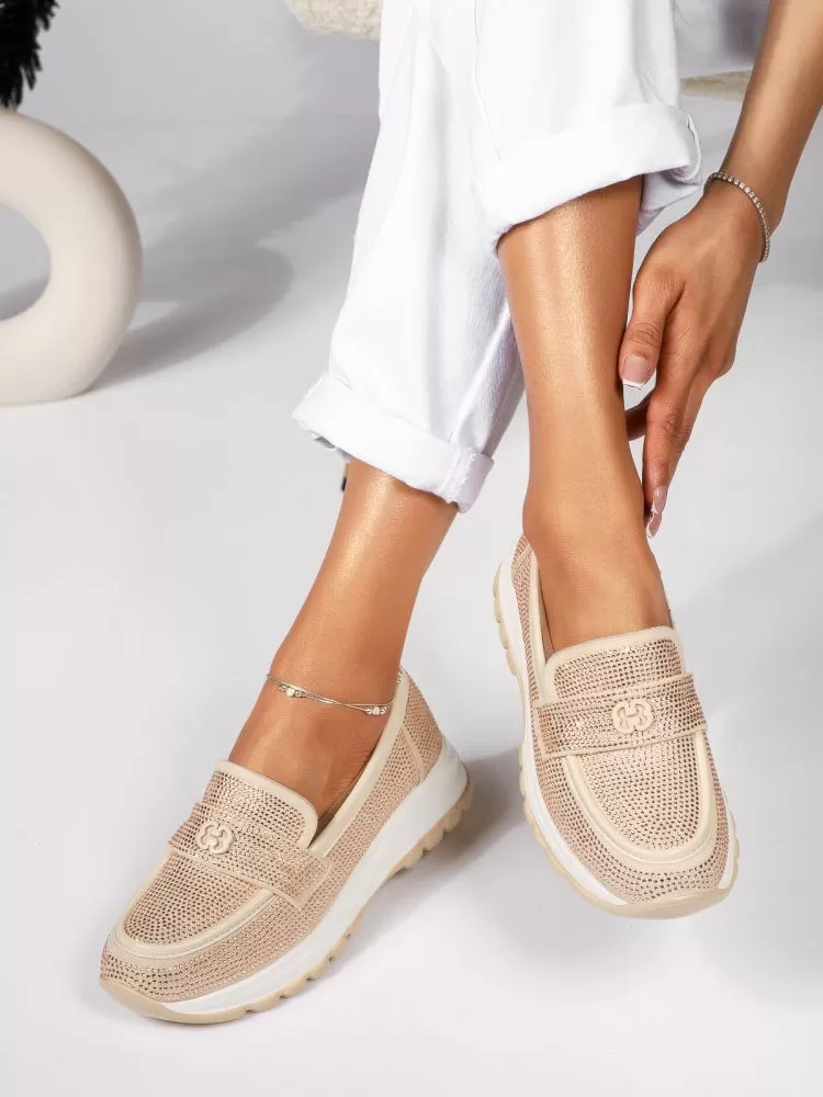 Pantofi casual dama bej din piele ecologica intoarsa Mary #18451