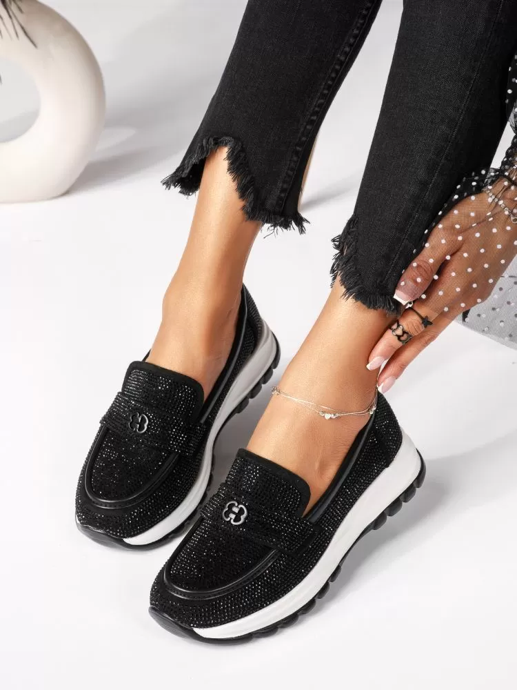 Pantofi casual dama negri din piele ecologica intoarsa Mary #18452