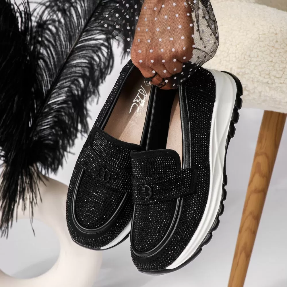 Pantofi casual dama negri din piele ecologica intoarsa Mary #18452