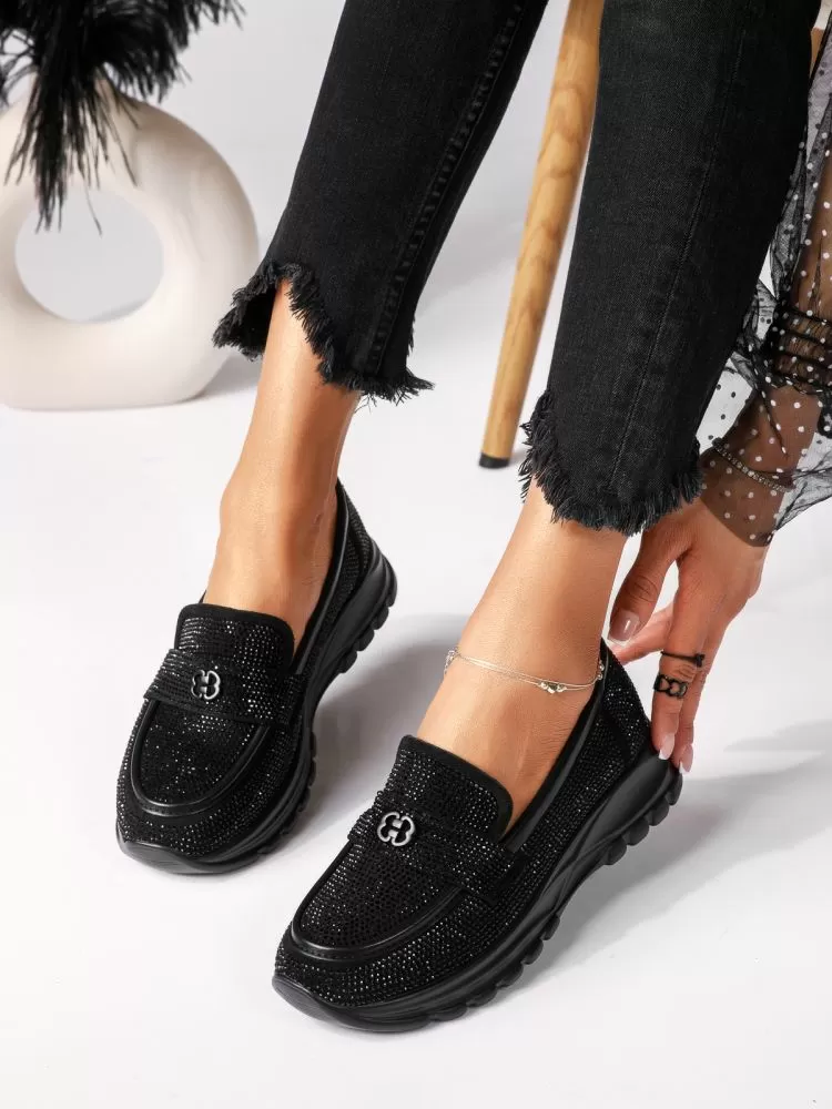 Pantofi casual dama negri din piele ecologica intoarsa Mary #18453