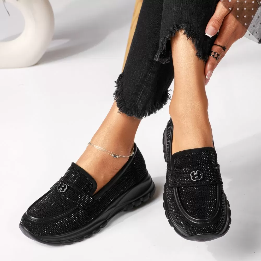 Pantofi casual dama negri din piele ecologica intoarsa Mary #18453