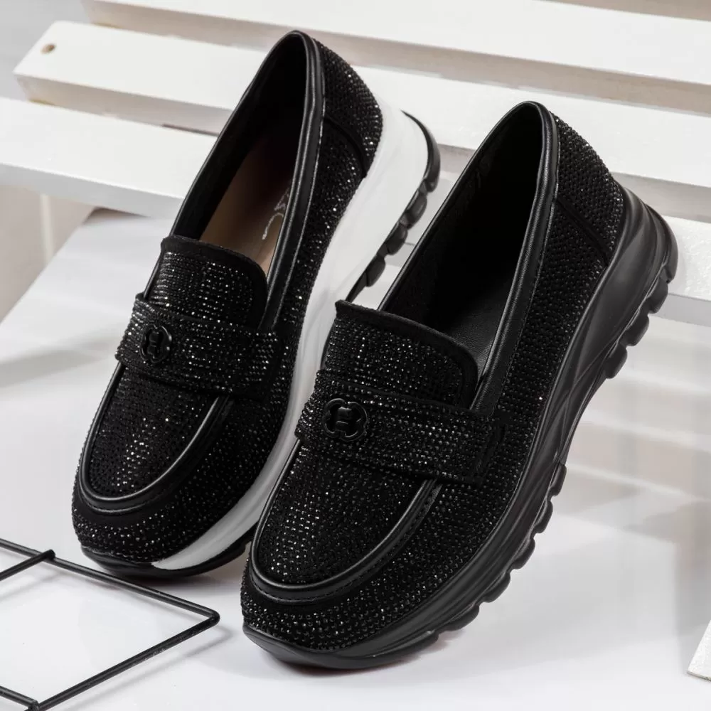 Pantofi casual dama negri din piele ecologica intoarsa Mary #18453