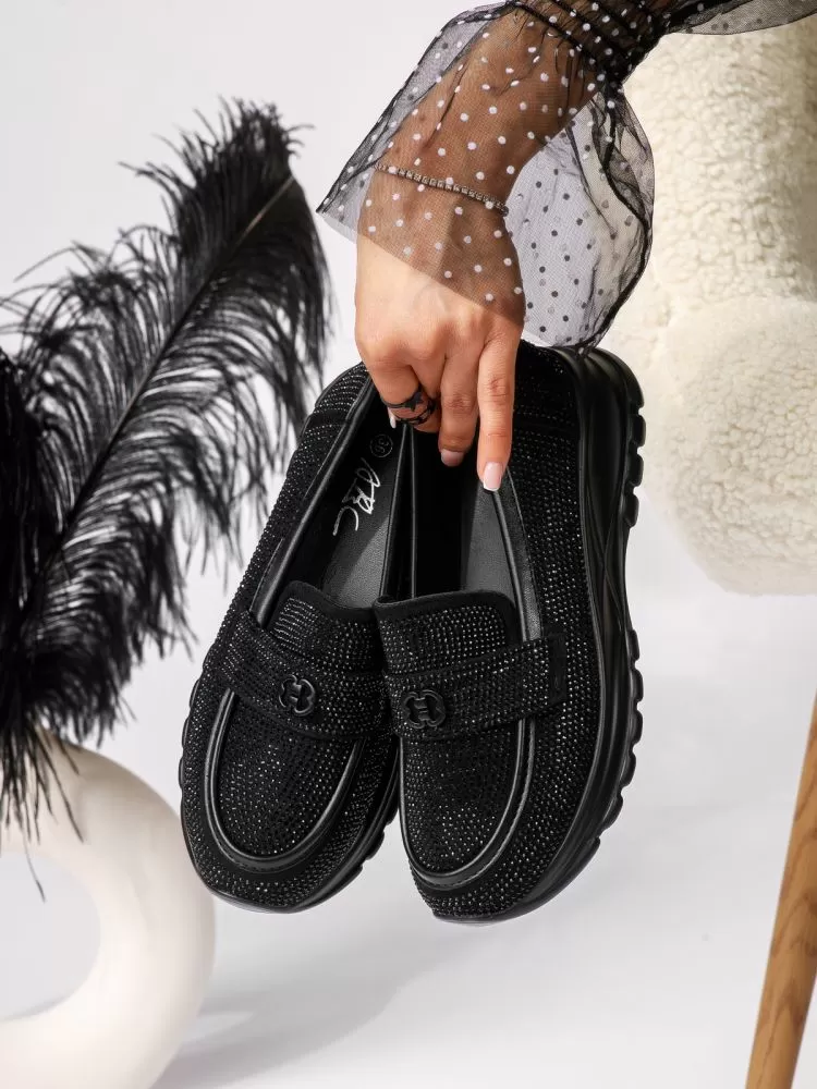 Pantofi casual dama negri din piele ecologica intoarsa Mary #18453