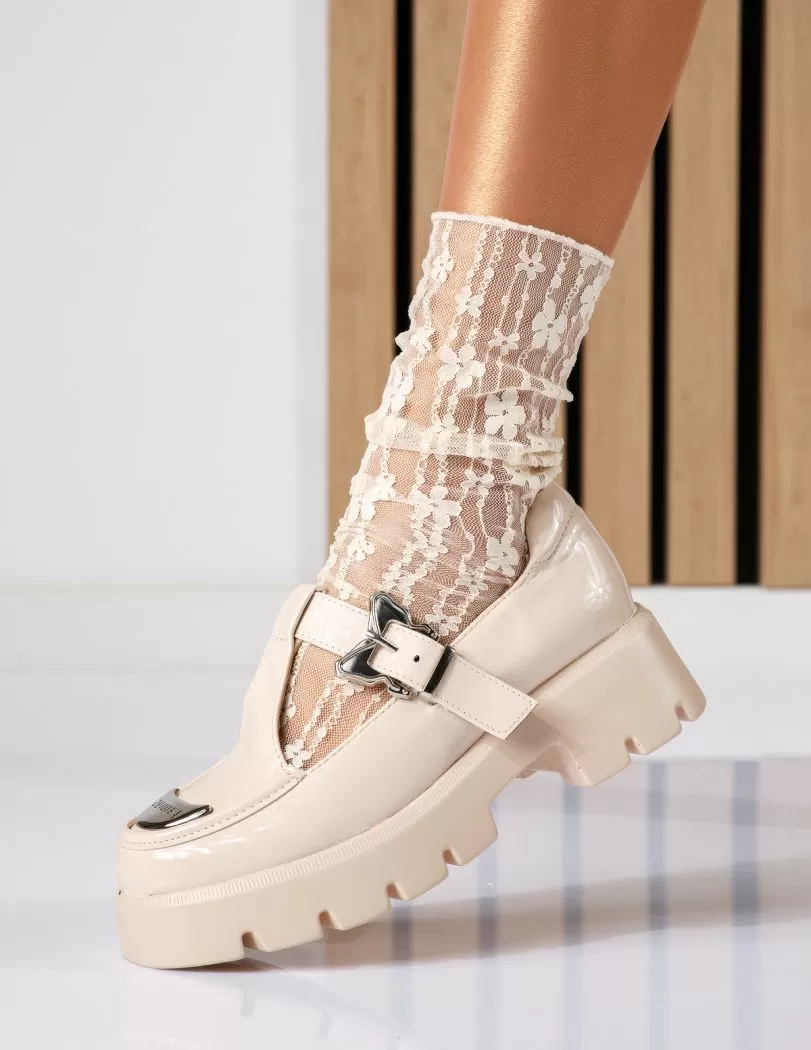 Pantofi casual dama bej din piele ecologica lacuita Vera #18572