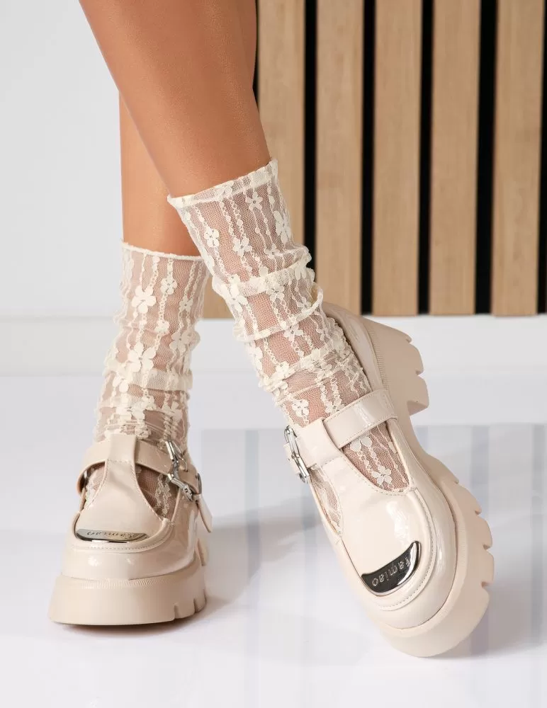 Pantofi casual dama bej din piele ecologica lacuita Vera #18572