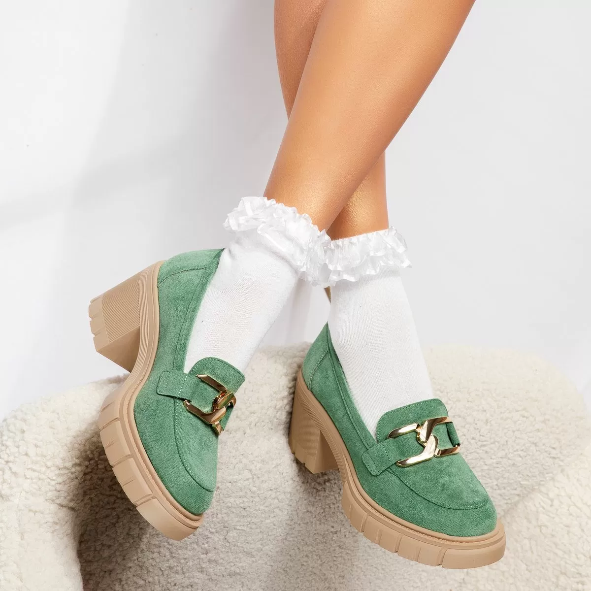 Pantofi casual dama verzi din piele ecologica intoarsa Mila #18744