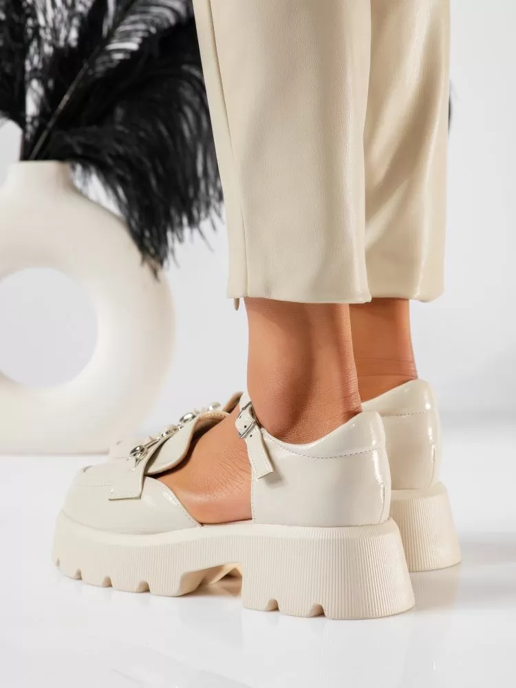 Pantofi casual dama bej din piele ecologica lacuita Mina #18836