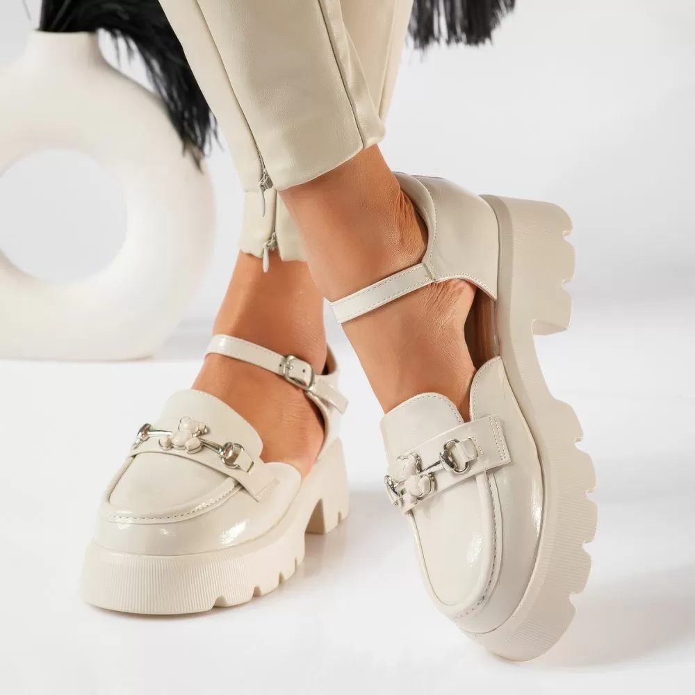 Pantofi casual dama bej din piele ecologica lacuita Mina #18836